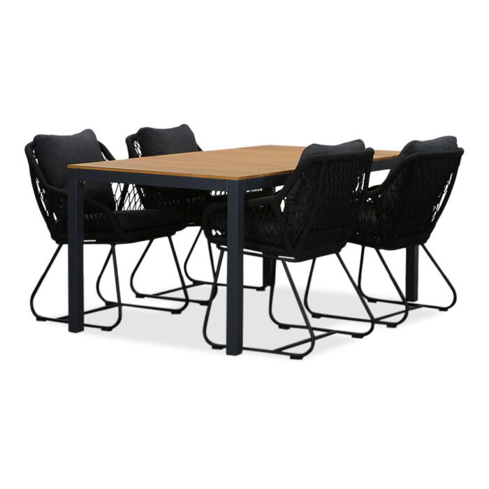 LUX outdoor living Delta/Portofino zwart dining tuinset | 4 personen | teakhout + touw | 160cm