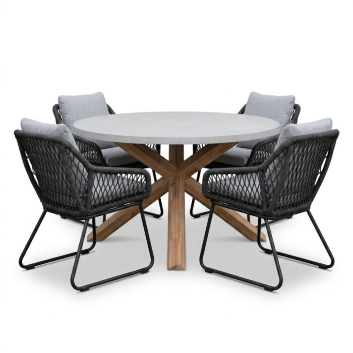 BUITEN living Nancy/Portofino Stone Grey dining tuinset | 4 personen | polystone + touw | Ø135cm rond – Betonlook