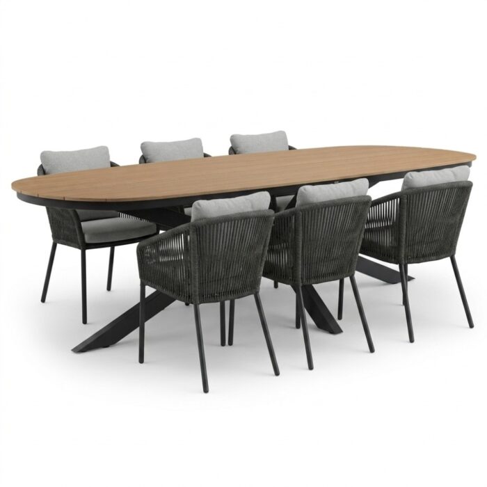 LUX outdoor living Texas antraciet/Lexis Stone Grey dining tuinset | 6 personen | polywood + touw | 260cm