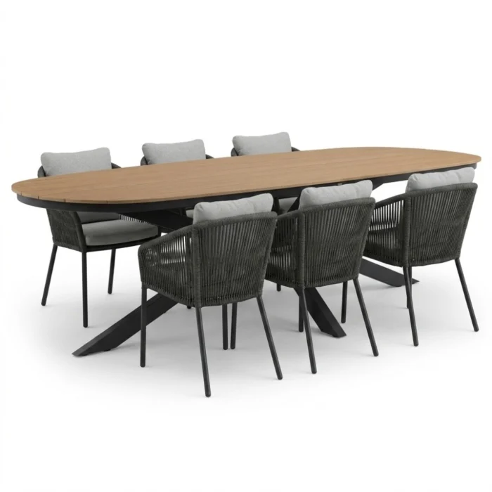 LUX outdoor living Texas antraciet/Lexis Stone Grey dining tuinset | 6 personen | polywood + touw | 260cm