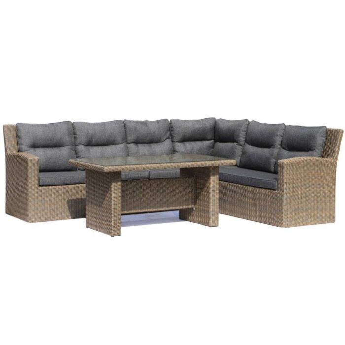 Denza Furniture Merano dining loungeset 6 personen | wicker + aluminium | Ash Grey | 5-delig 276x213cm – Donkergrijs – Donkerbruin