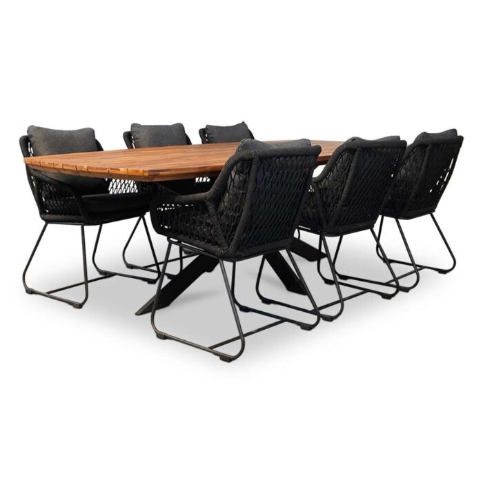 LUX outdoor living Salo/Portofino zwart dining tuinset | 6 personen | hardhout + touw | 240cm