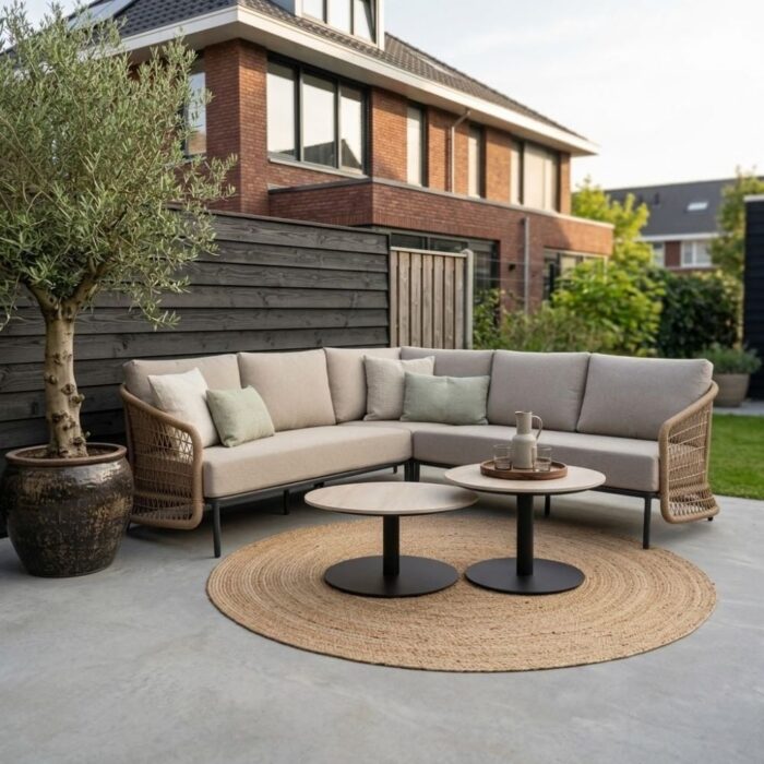 BUITEN living Vienna hoek loungeset 5 personen incl. tafels | wicker + aluminium | zand | 6-delig 223x223cm