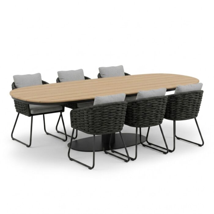 LUX outdoor living Panama antraciet/Flora Stone Grey dining tuinset | 6 personen | polywood + touw | 260cm