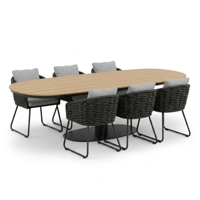 LUX outdoor living Panama antraciet/Flora Stone Grey dining tuinset | 6 personen | polywood + touw | 260cm