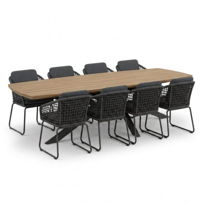 LUX outdoor living Salo/Tulum Lava Grey dining tuinset | 8 personen | hardhout + touw | 280cm Deens – Grijs