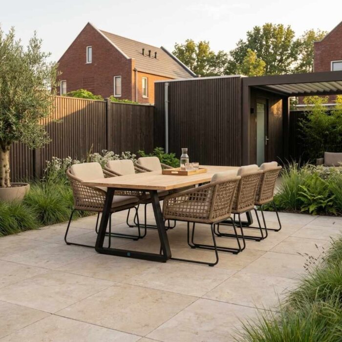 LUX outdoor living Elena/Tulum Sahara Dust dining tuinset | 6 personen | teakhout + touw | 240cm – Zand