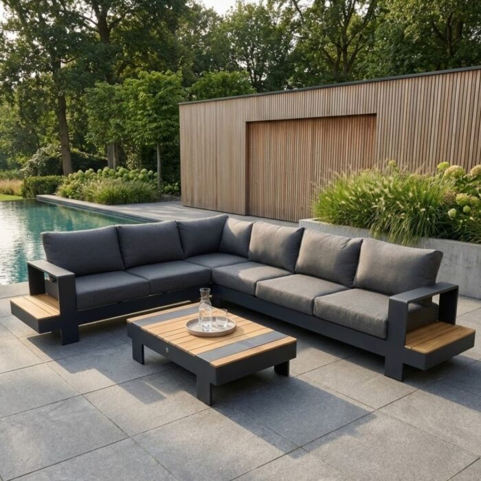 LUX outdoor living Riviera hoek loungeset 6 personen | aluminium + teak | antraciet | 3-delig 327x252cm