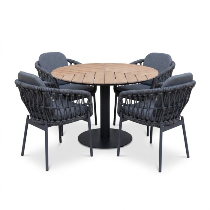 LUX outdoor living Sirena visgraat/Femke antraciet dining tuinset | 4 personen | polywood + touw | Ø120cm rond