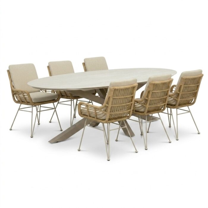 LUX outdoor living Calma/Carlos beige dining tuinset | 6 personen | sintered stone + wicker | 240cm ovaal