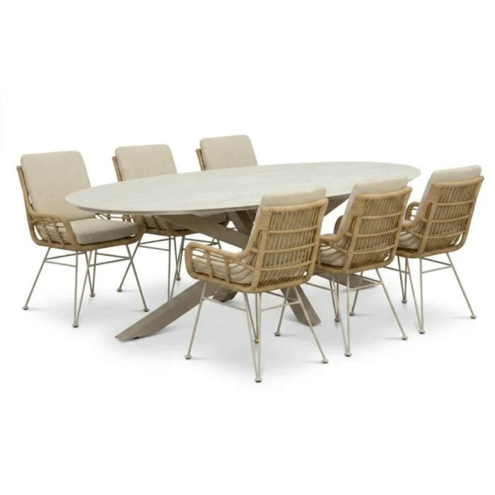 LUX outdoor living Calma/Carlos beige dining tuinset | 6 personen | sintered stone + wicker | 240cm ovaal