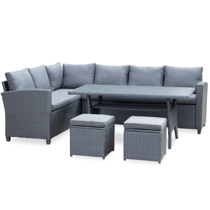 Denza Furniture Stockholm dining loungeset met hockers 8 personen | wicker | zwart | 5-delig 245x169cm