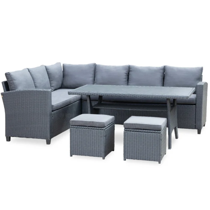 Denza Furniture Stockholm dining loungeset met hockers 8 personen | wicker | zwart | 5-delig 245x169cm