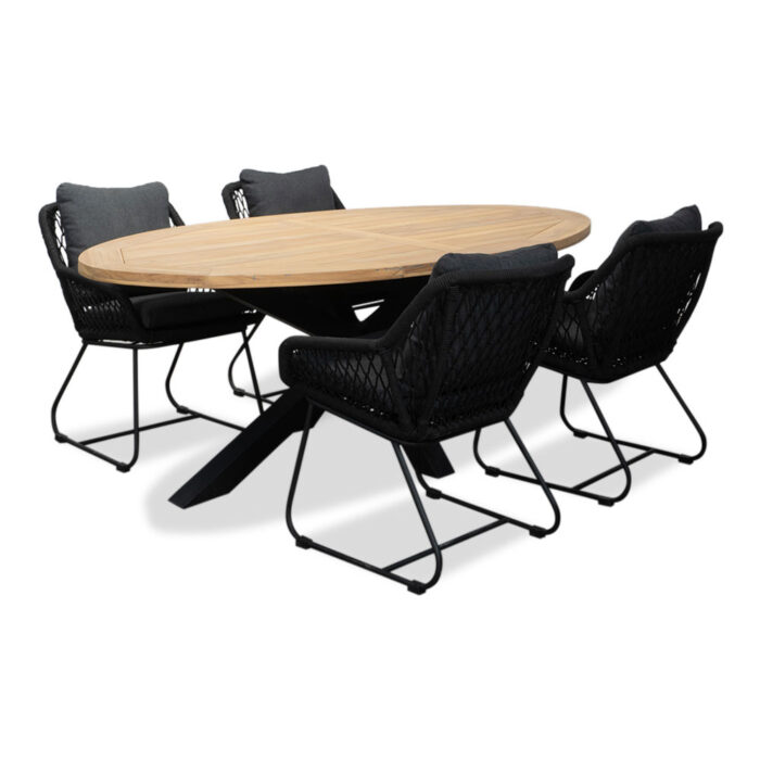 LUX outdoor living Cleve/Portofino zwart dining tuinset | 4 personen | teakhout + touw | 200cm ovaal
