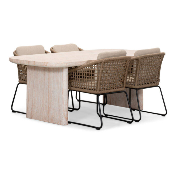 BUITEN living Mees/Tulum Sahara Dust dining tuinset | 4 personen | travertin + touw | 200cm – Zand