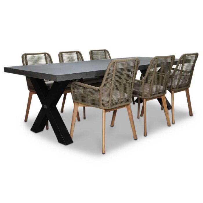 BUITEN living Lyon/Padua dining tuinset | 6 personen | betonlook + touw | 250cm – Zwart, Olijfgroen