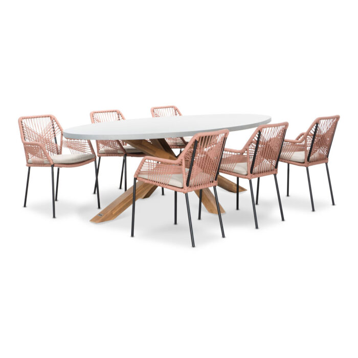 BUITEN living Livorno/Seville terra dining tuinset | 6 personen | betonlook + touw | 240cm ovaal – Light Teak, Betonlook, Rood