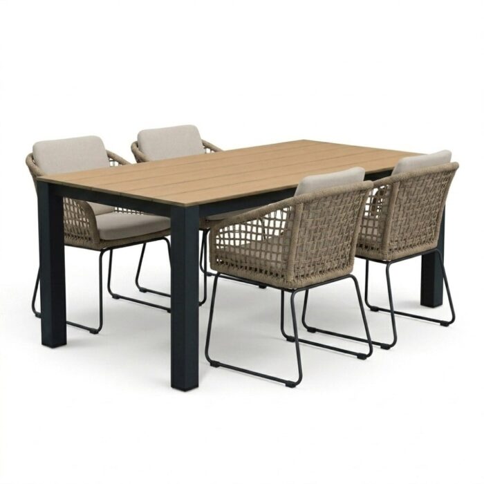 LUX outdoor living Manhattan antraciet/Tulum Sahara Dust dining tuinset | 4 personen | polywood + touw | 180cm