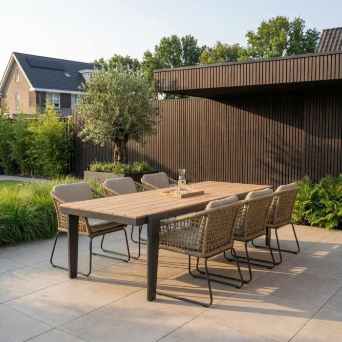 LUX outdoor living Vigo/Tulum Sahara Dust dining tuinset | 6 personen | teakhout + touw | 260cm – Zand