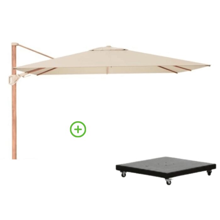 Platinum Challenger T² zweefparasol premium doek | 260x350cm met Monza parasolvoet 90kg | Champagne/Teak look – Taupe – Naturel – Bruin, Natural Teak