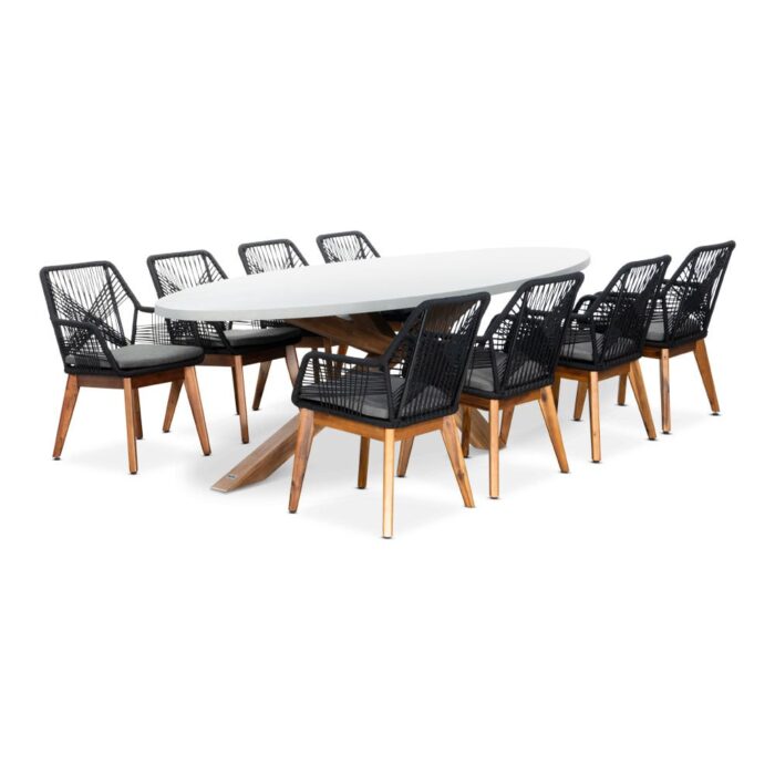 BUITEN living Livorno/Seville hout zwart dining tuinset | 8 personen | betonlook + touw | 280cm ovaal – Light Teak, Betonlook, Zwart