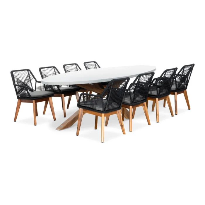 BUITEN living Livorno/Seville hout zwart dining tuinset | 8 personen | betonlook + touw | 280cm ovaal - Light Teak, Betonlook, Zwart