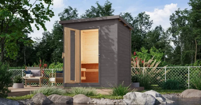 Karibu | Hytti 1 Buitensauna | Terragrijs | Kachel 9 kW Geïntegreerde Bediening