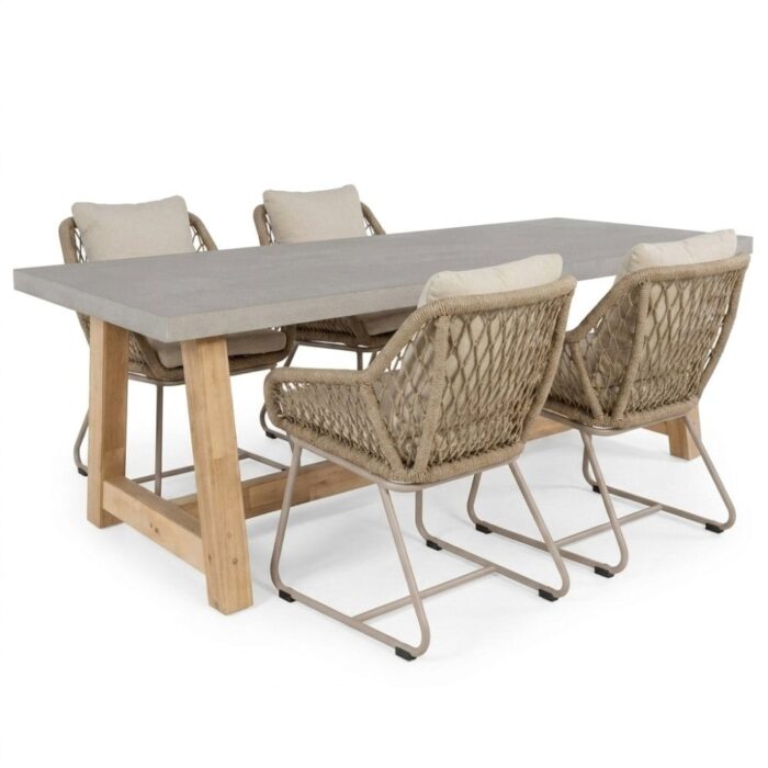 BUITEN living Veltis/Portofino Sandstone dining tuinset | 4 personen | polystone + touw | 200cm – Taupe – Naturel – Bruin, Beige
