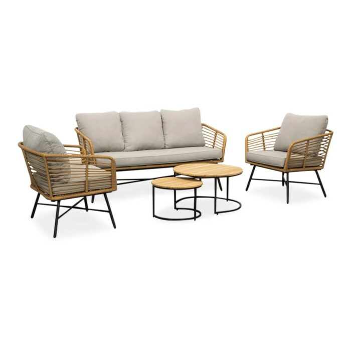 BUITEN living Flow/Aurora stoel-bank loungeset 5 personen | wicker + teakhout | Bamboo taupe | 5-delig