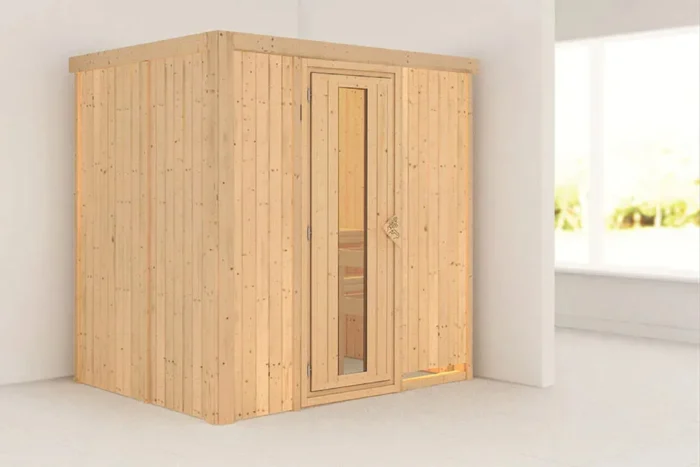 Karibu | Fanja Sauna | Bronzeglas Deur | Biokachel 3,6 kW Externe Bediening