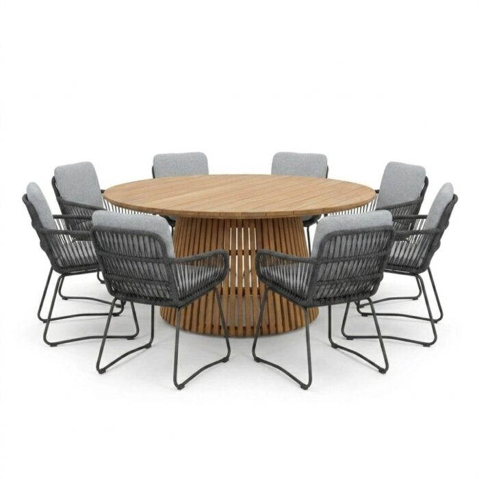 BUITEN living Palau/Harper Stone Grey dining tuinset | 8 personen | teakhout + touw | 180cm – Natural Teak