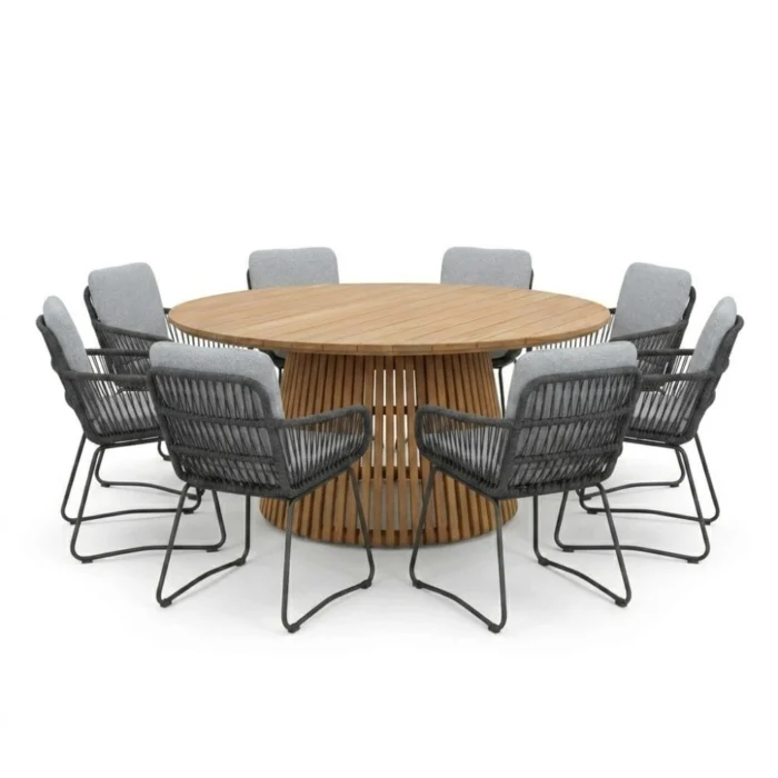 BUITEN living Palau/Harper Stone Grey dining tuinset | 8 personen | teakhout + touw | 180cm - Natural Teak