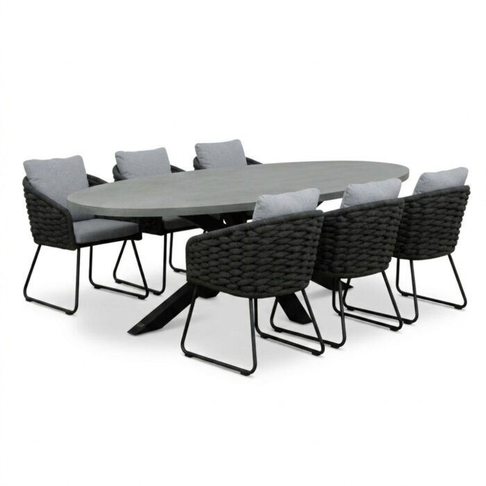 BUITEN living Stockholm/Flora Stone Grey dining tuinset | 6 personen | polystone + touw | 240cm – Betonlook