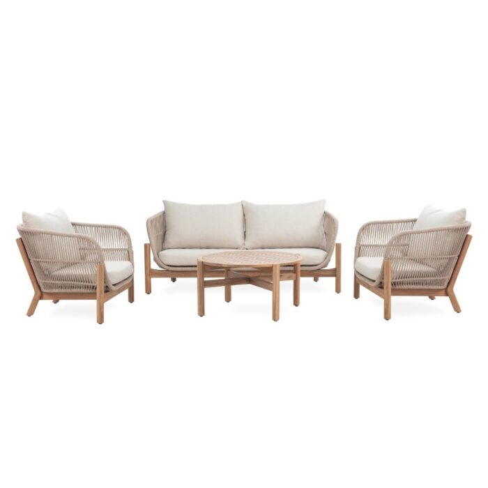 BUITEN living Braga stoel-bank loungeset 4 personen | touw + hardhout | zand | 4-delig – Taupe – Naturel – Bruin