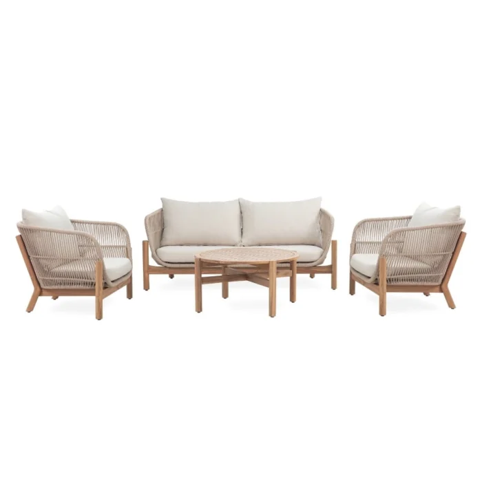 BUITEN living Braga stoel-bank loungeset 4 personen | touw + hardhout | zand | 4-delig - Taupe - Naturel - Bruin