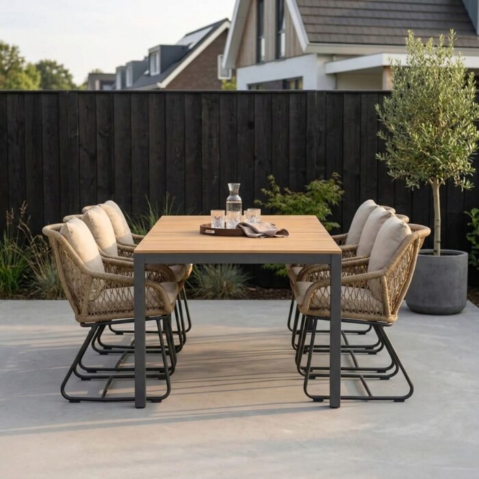 LUX outdoor living Delta/Portofino Sahara Dust dining tuinset | 6 personen | teakhout + touw | 220cm – Zand
