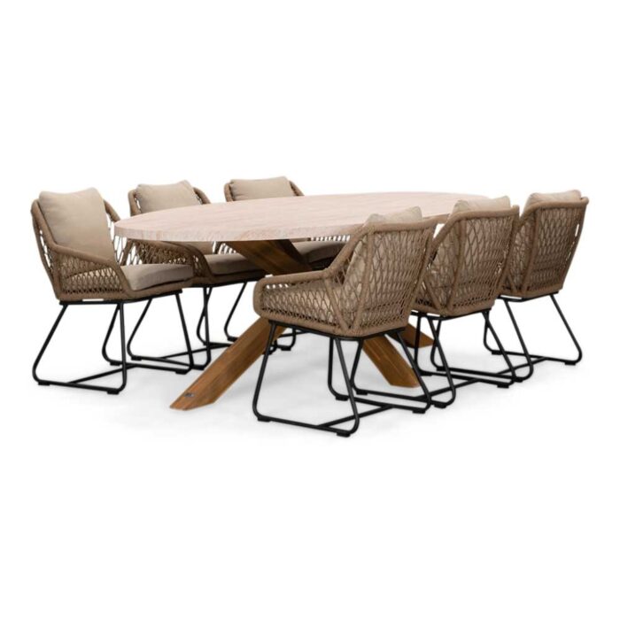 BUITEN living Lorento/Portofino Sahara Dust dining tuinset | 6 personen | travertin + touw | 240cm – Zand