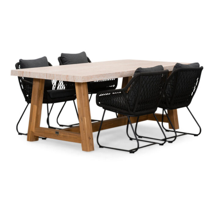 BUITEN living Velora/Portofino zwart dining tuinset | 4 personen | travertin + touw | 200cm