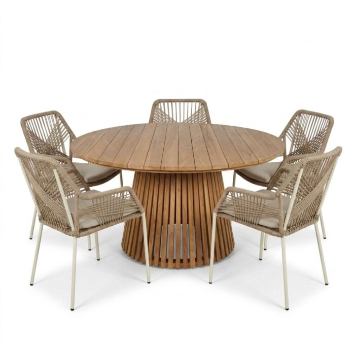 BUITEN living Palau/Seville beige dining tuinset | 5 personen | teakhout + touw | Ø140cm rond