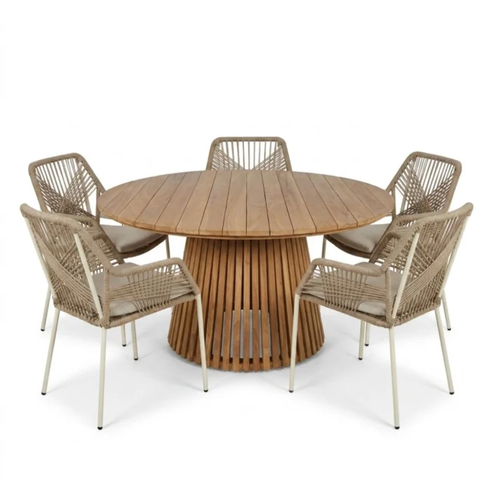 BUITEN living Palau/Seville beige dining tuinset | 5 personen | teakhout + touw | Ø140cm rond