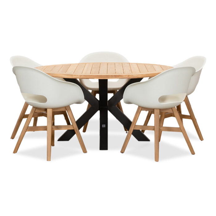 LUX outdoor living Cleve/Karlstad wit dining tuinset | 5 personen | teakhout + kunststof | 140cm rond