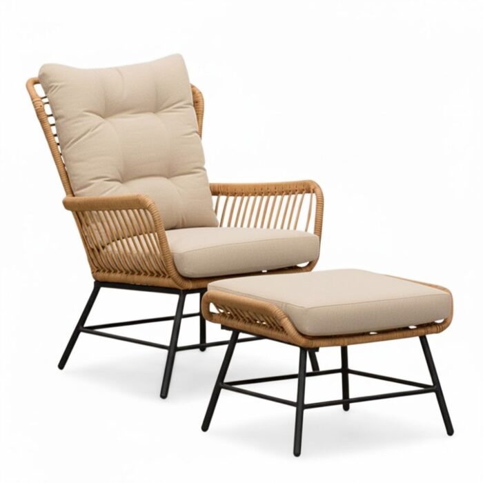 BUITEN living Dex loungestoel tuin met voetenbank | wicker + aluminium | Bamboo taupe – Taupe – Naturel – Bruin