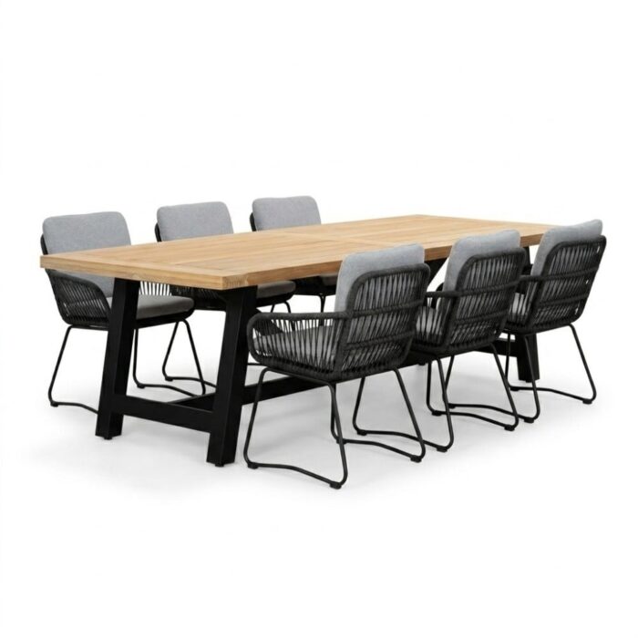 LUX outdoor living James/Harper Stone Grey dining tuinset | 6 personen | teakhout + touw | 260cm – Natural Teak