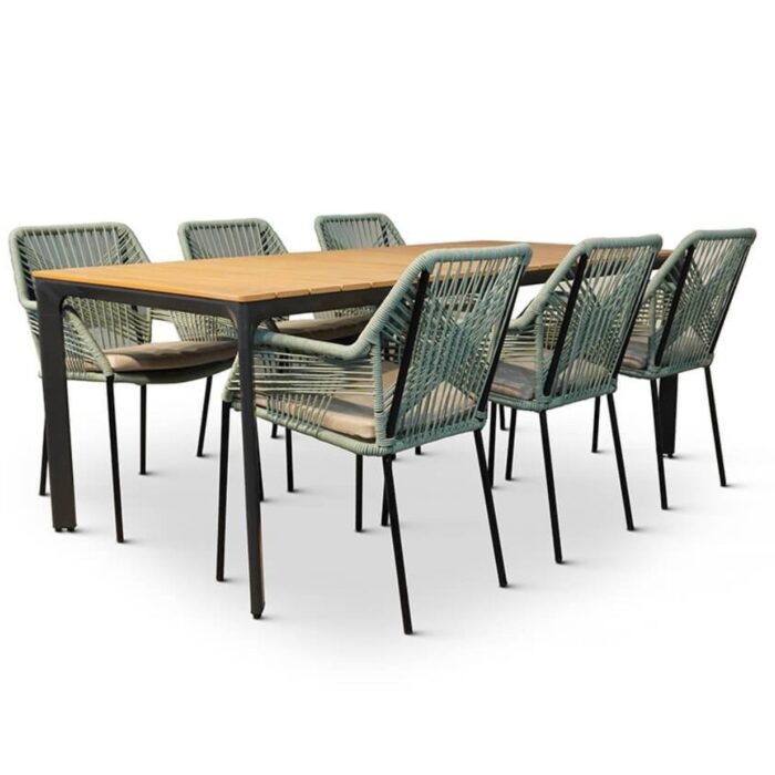 Lesli Living Arezzo/Seville mint dining tuinset | 6 personen | polywood + touw | 200cm – Light Teak, Zwart, Groen
