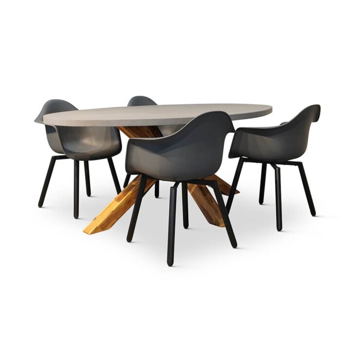 BUITEN living Livorno/Montreux dining tuinset | 4 personen | betonlook + hardhout | 200cm ovaal – Betonlook, Antraciet