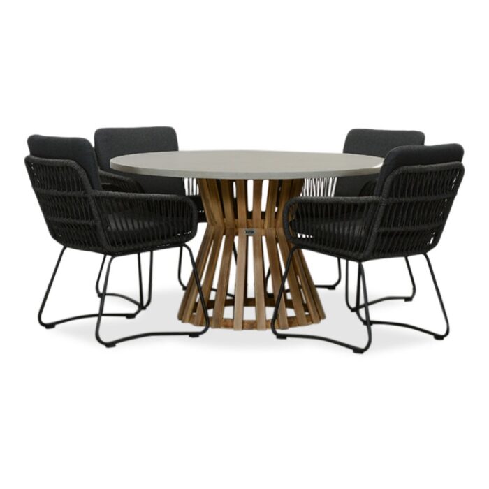 BUITEN living Elzas/Harper Lava Grey dining tuinset | 4 personen | betonlook + touw | 135cm rond – Grijs