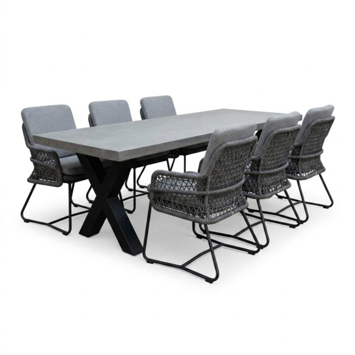 BUITEN living Lyon betonlook/Gianna Stone Grey dining tuinset | 6 personen | polystone + touw | 250cm – Grijs