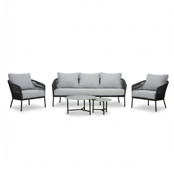 BUITEN living Mara stoel-bank loungeset 5 personen incl. Logan tafels | touw + aluminium | Stone Grey | 5-delig