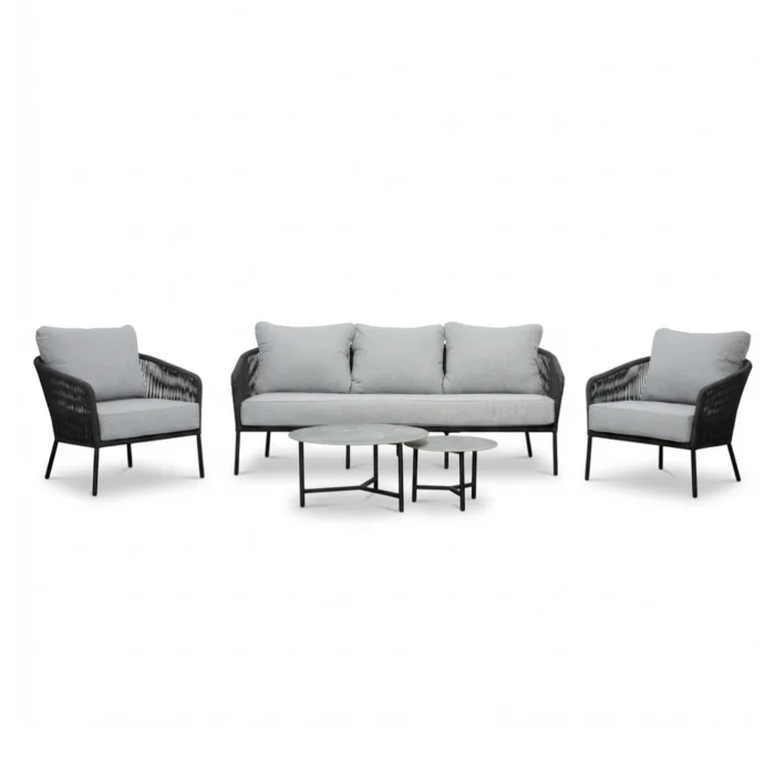 BUITEN living Mara stoel-bank loungeset 5 personen incl. Logan tafels | touw + aluminium | Stone Grey | 5-delig