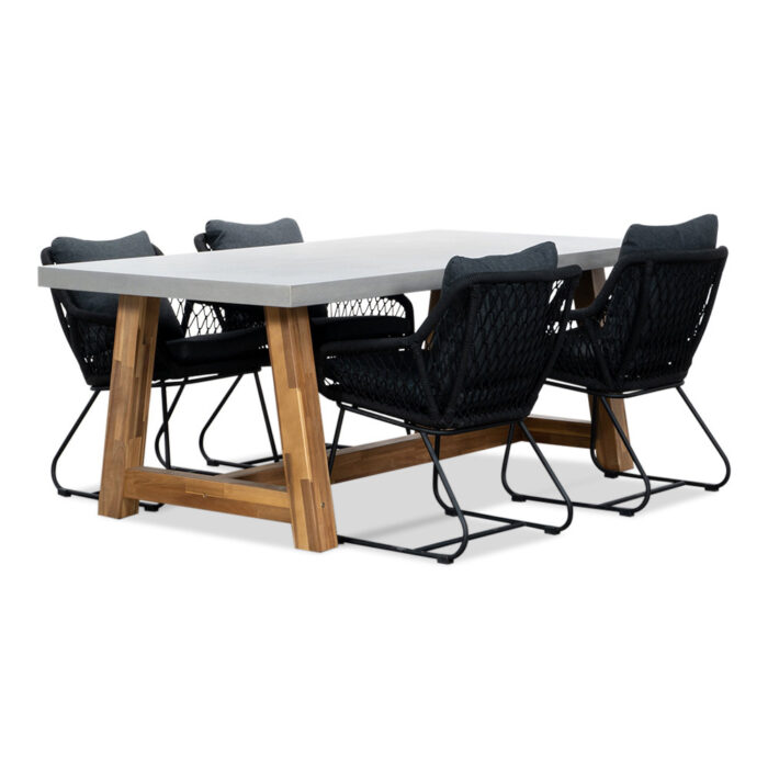 BUITEN living Veltis/Portofino zwart dining tuinset | 4 personen | betonlook + touw | 200cm – Light Teak, Betonlook, Zwart